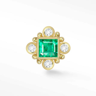 Flat back earrings emerald featuring an emerald-cut center stone and round diamonds set in 14k yellow gold frame