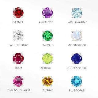 A collection of twelve colorful round-cut gemstones set in 14k white gold earrings gemstone prong settings