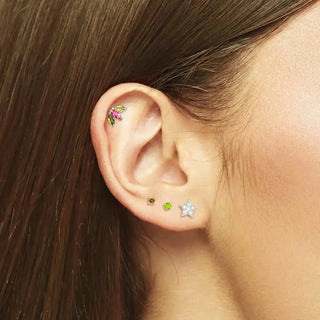 Delicate flat back earrings gemstone with pink and green gems in 14k white gold silver-toned design
