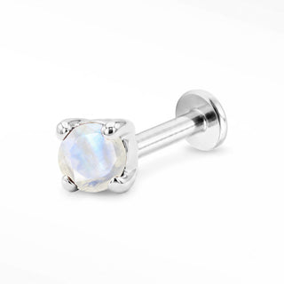 Moonstone flat back stud in 14K White Gold with a titanium labret