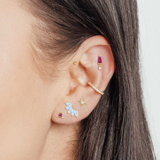 Gold-toned 14k yellow gold wynning studs ear cuff with sparkling pavé stones and delicate curved design earrings moonstone
