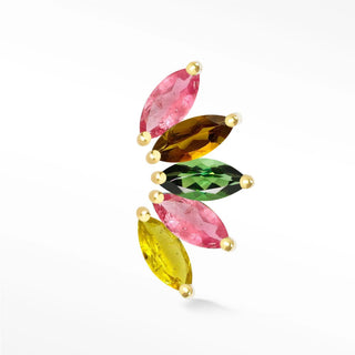 A vibrant flat back earring with multicolored marquise-cut tourmalines set in 14k lotus gold metal
