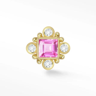 Flat back earrings pink sapphire featuring a radiant pink square-cut gemstone set in 14k yellow gold with diamonds