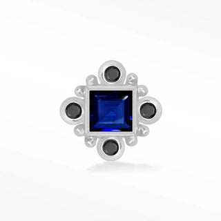 Flat back earrings with a blue sapphire princess cut and black onyx in 14k white gold for sensitive skin