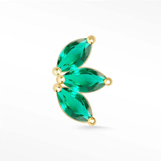 A trio of emerald earrings with marquise-cut crystals set in delicate 14k yellow gold resembling a stylized leaf