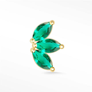 A trio of emerald earrings with marquise-cut crystals set in delicate 14k yellow gold resembling a stylized leaf