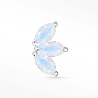 A delicate 14k white gold baby lotus moonstone earrings with three marquise-cut rainbow moonstones in a curved design