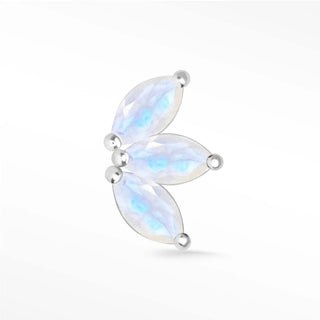 A delicate 14k white gold baby lotus moonstone earrings with three marquise-cut rainbow moonstones in a curved design