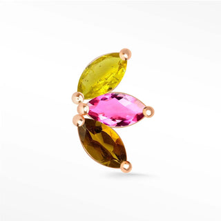 A vibrant trio of yellow pink and golden marquise-cut tourmalines set in rose gold 14k 14k baby lotus studs