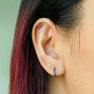 Delicate flatback earrings 14k yellow lightning bolt style with gold-toned ear cuff and three pink gemstones