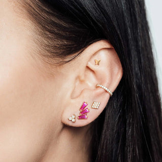 Gold-toned butterfly flat backed earrings with pink sapphire and 14k yellow baguette minimalist design