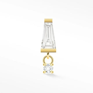 A sleek gold flat earring moissanite with a long faceted gemstone and diamond from the wynning studs collection