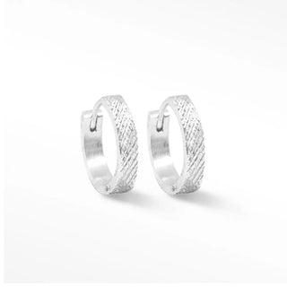 Florentine sterling silver 15mm silver rhodium hoop earrings with textured diagonal crosshatch pattern on outer surface