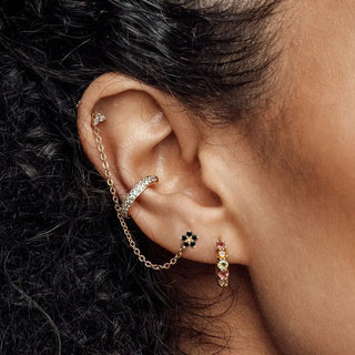 Flower in black diamond gold flat back earrings - 14k white