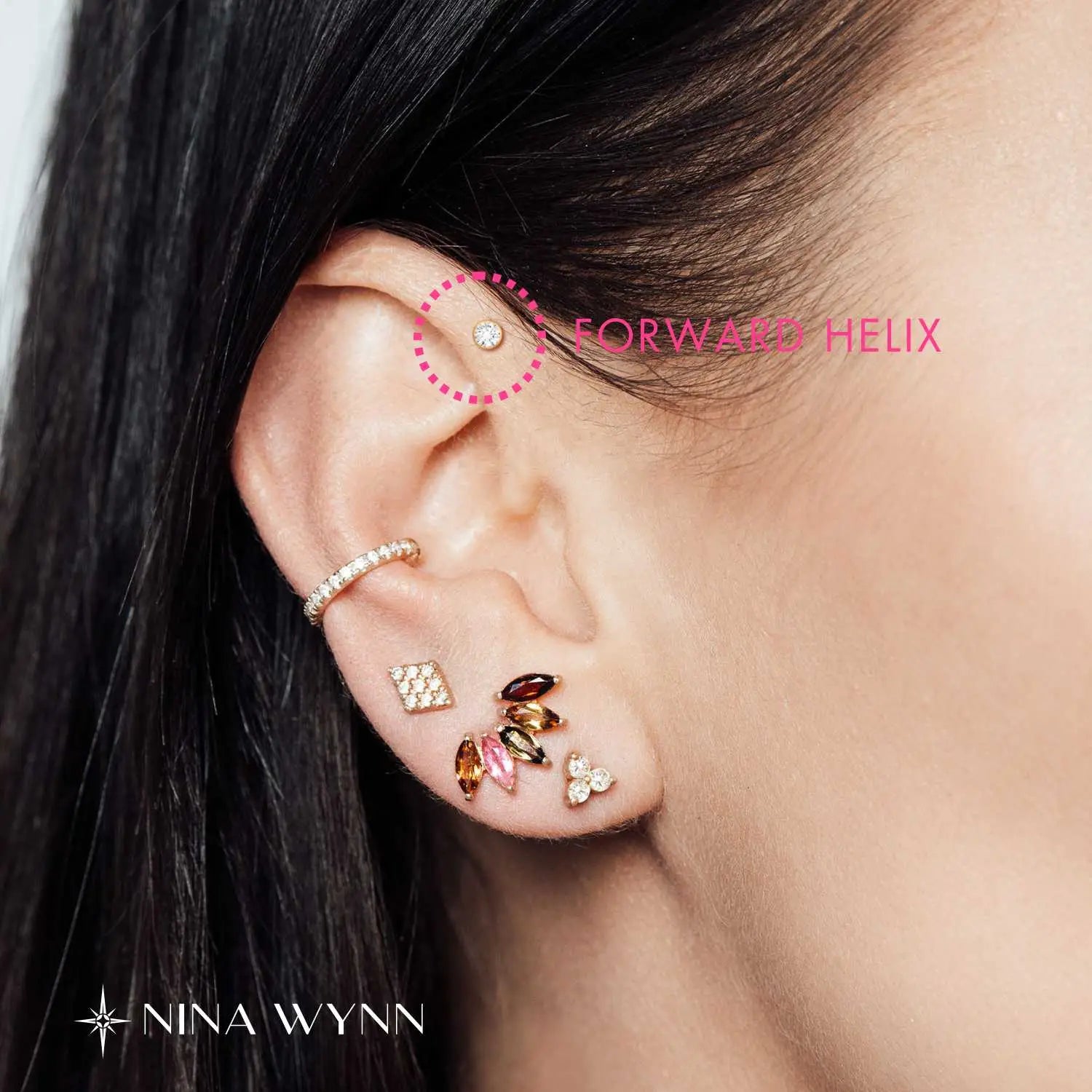 Anatomical placement of a forward helix piercing on the upper ear fold.