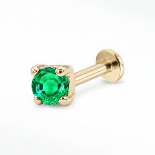 Emerald flat back stud in 14K Yellow Gold with a titanium labret