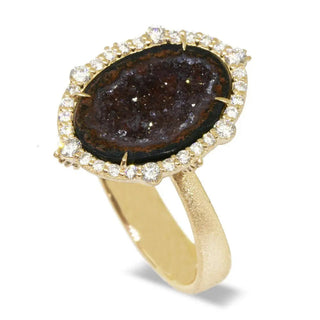 Geode 14k yellow gold ring with an oval dark brown druzy stone surrounded by a halo of sparkling diamonds