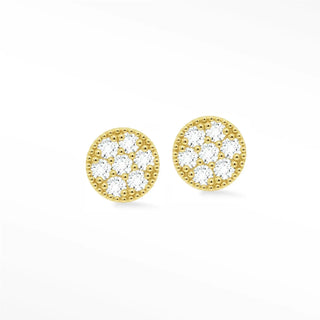 Gold diamond stud earrings with round clear cubic zirconia stones and beaded border set in 14k gold