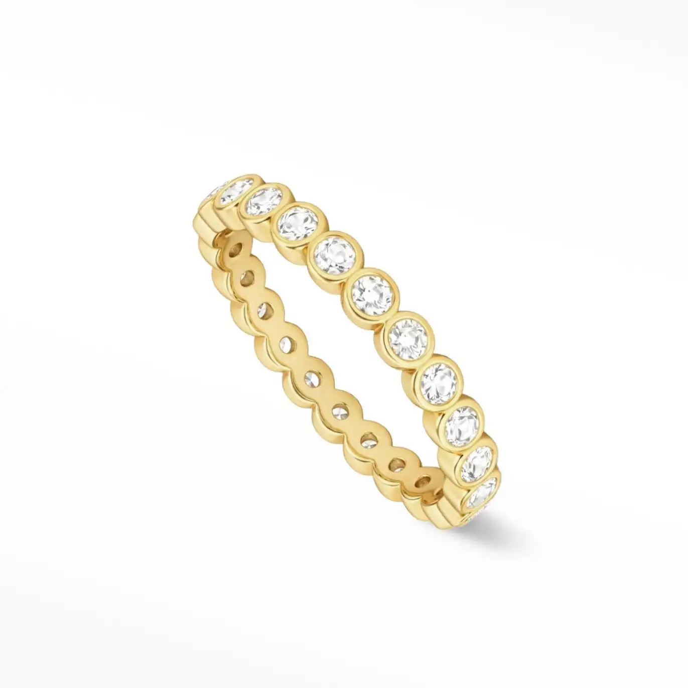 Gold eternity band ring adorned with a continuous row of round, clear diamonds set in a sleek, scalloped design.