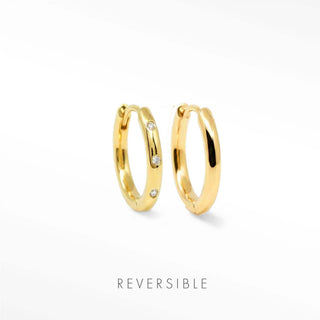 Ellie 13mm 18K gold vermeil hoops showing the diamond-accented face beside the polished reverse.