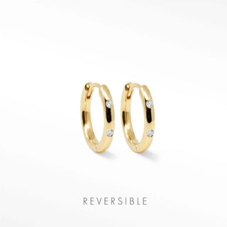 Ellie diamond gold hoop earrings 14k featuring three small clear gemstones along each side of reversible hoops
