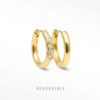 Telletubies 18mm 18K gold vermeil hoops showing the hammered diamond face and smooth polished back.