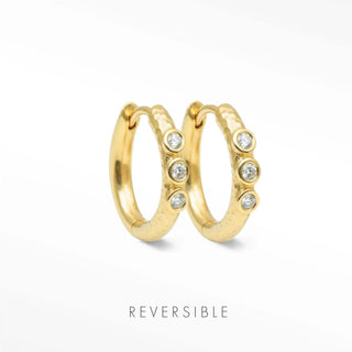 Nina Wynn Telletubies 18mm 18K gold vermeil reversible hoops with lab-grown diamonds and hammered texture.