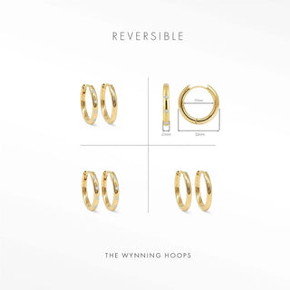 Ellie 22mm 18K gold vermeil reversible hoop earrings size guide with front, back and side views.