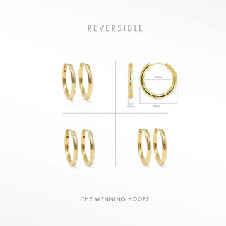 Ellie 28mm 18K gold vermeil reversible hoop earrings size guide with a dimension diagram and multiple views.