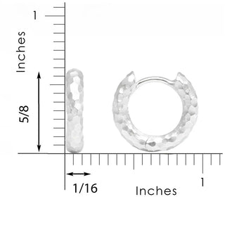 Silver hammered hoop earrings with a textured faceted surface made of sterling silver hammered material