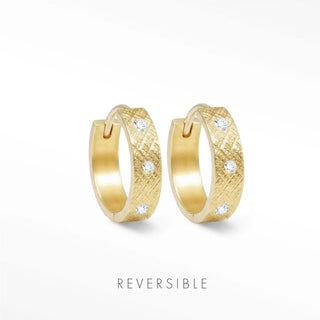 Nina Wynn Florentine Diamond 15mm 18K gold vermeil reversible hoops with lab-grown diamonds.