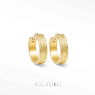 Gold-colored textured florentine huggie earrings with a reversible design by wynning reversible hoops