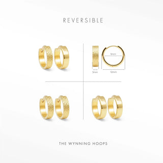 Florentine huggie earrings gold reversible hoops with textured and smooth sides 9mm diameter 3mm thickness by Wynning