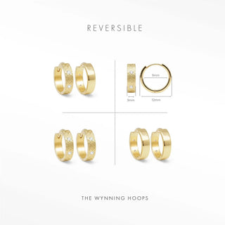 Gold 14k huggie earrings with reversible textured and smooth sides featuring a small florentine diamond accent