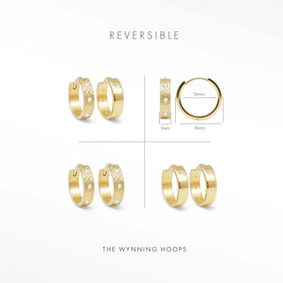 Gold-colored huggie earrings gold with a textured pattern and small diamonds featuring a reversible sleek metallic finish