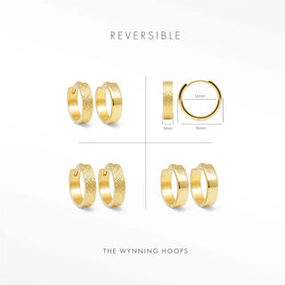 Florentine 15mm 18K gold vermeil hoops shown from multiple angles with a diameter and width diagram.