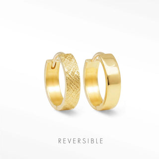 Florentine 15mm 18K gold vermeil hoops showing the etched front and plain polished reverse.