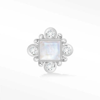 A 14k white hypoallergenic flat back earring from the wynning studs featuring a square moonstone and round diamonds