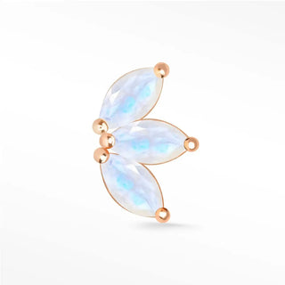 A delicate 14k rose gold moonstone baby lotus earring with three faceted moonstones and soft blue iridescence