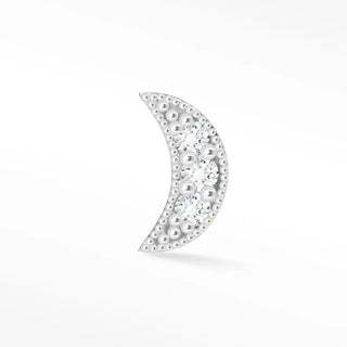 A delicate silver flat back earring diamond crescent moon in 14k white gold adorned with clear crystals and beads