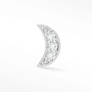 A delicate silver flat back earring diamond crescent moon in 14k white gold adorned with clear crystals and beads