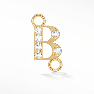 Permanent Jewelry connector initial B connector with lab-grown diamonds in solid 14k yellow gold.