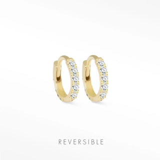 Lab Grown Diamond Huggie in 14k yellow gold adorned with clear sparkling diamond with reversible feature