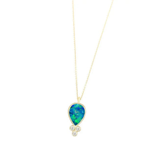 Lilly doublet opal 14k yellow gold necklace with a pear-shaped opal pendant and three round diamond accents