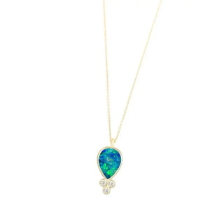 Lilly doublet opal 14k yellow gold necklace with a pear-shaped opal pendant and three round diamond accents