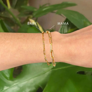 Mama paperclip 14k yellow gold bracelet 8 inches displayed on wrist showcasing paperclip style chain design