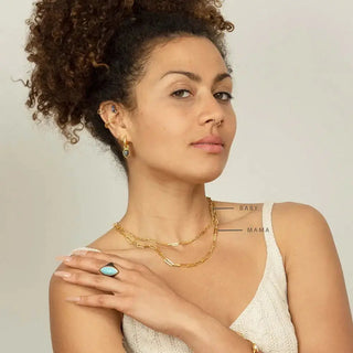 Mama paperclip vermeil necklace 18 inch gold chain with chunky interlocking links and turquoise stone accents