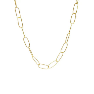 Maxi textured paperclip chain necklace in 14k yellow gold with a hammered textured paperclip chain finish