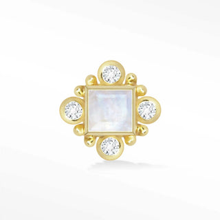 Gold-toned 14k yellow moonstone earrings with a square moonstone and round diamonds in an ornate beaded frame wynning studs