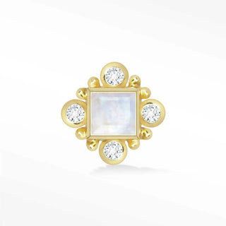 Gold-toned 14k yellow moonstone earrings with a square moonstone and round diamonds in an ornate beaded frame wynning studs